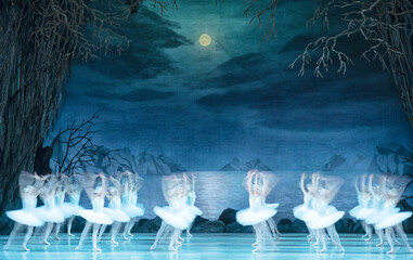 Classical ballet on stage of Theater. Ballet dancers on stage dance classical works. Form of artistic ball dance on stage of theater.