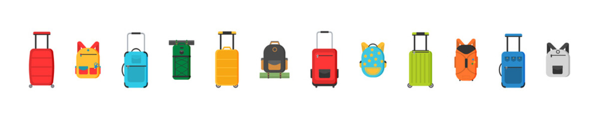 Plastic, metal suitcases, backpacks, bag. Different types of luggage. Large and small suitcase, box, handbag. 