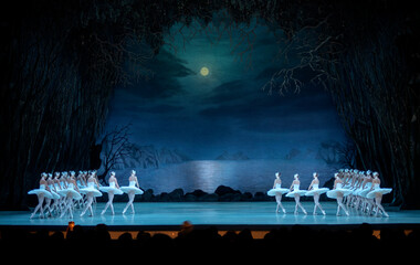 Classical ballet on stage of Theater. Ballet dancers on stage dance classical works. Form of...