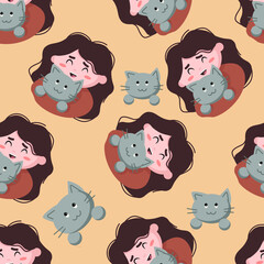 Print on children's pajamas. Cute girl with a gray kitten. Seamless pattern, peach color background.