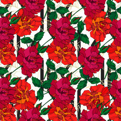 Vector Rose floral botanical flowers. Green and red engraved ink art. Seamless background pattern.