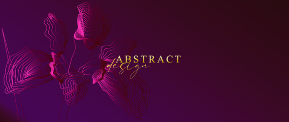 Abstract iris flowers in outline art. Luxurious magenta and purple wallpaper. Multiplied contour design, elegant lines design for invitations, celebrations, postcards.