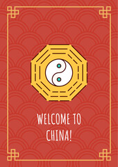 Welcome to China greeting card with color icon element set. Yin Yang chinese sign. Postcard vector design. Decorative flyer with creative illustration. Notecard with congratulatory message on red