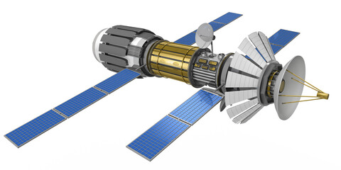3d Raumschiff, Satellit, mit Solarpanel und Radioteleskop, freigestellt © i-picture