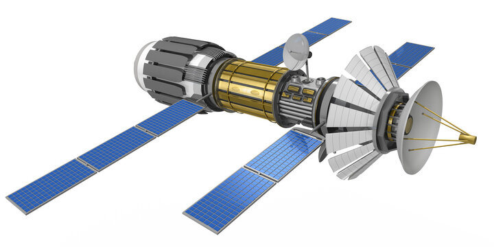 3d Raumschiff, Satellit, mit Solarpanel und Radioteleskop, freigestellt