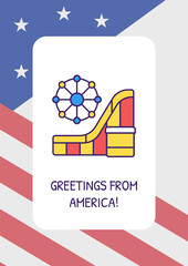 Greetings from America greeting card with color icon element. Amusement park. Postcard vector design. Decorative flyer with creative illustration. Notecard with congratulatory message on