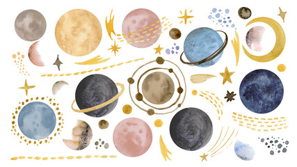 Watercolor Space set with Planets, comets and stars. Hand drawn illustration of Universe with golden Moon. Sketch of Galaxy. Cosmos elements isolated on white background in light pastel colors © Alisles