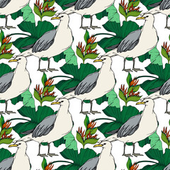 Sky bird seagull in a wildlife. Black and white engraved ink art. Seamless background pattern.