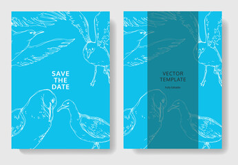 Vector Sky bird seagull in a wildlife. Black and white engraved ink art. Wedding background card decorative border.