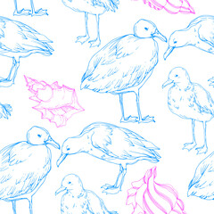 Vector Sky bird seagull in a wildlife isolated. Black and white engraved ink art. Seamless background pattern.