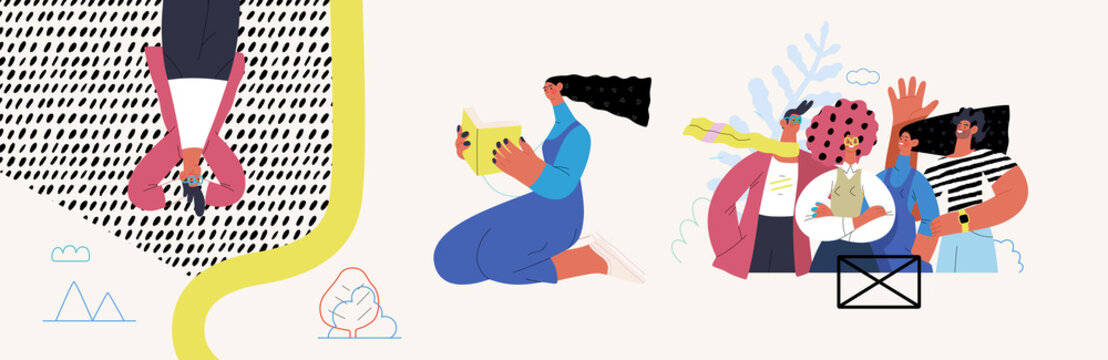 Startup illustrations set. Flat line vector modern concept illustration of people, startup metaphor. Concept of building new business, planning, strategy, teamwork and management. Company processes