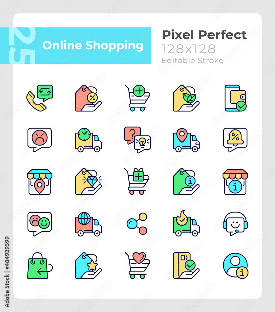 Wall mural online shopping pixel perfect rgb color icons set. electronic commerce. isolated vector illustration