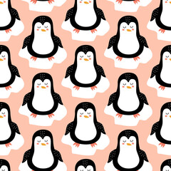 Adorable penguin and snowflake hand drawn vector illustration. Cute baby background. Funny animals seamless pattern. 