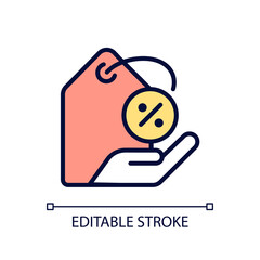 Discounts pixel perfect RGB color icon. Price deduction. Special offer for customers. Online shopping. Isolated vector illustration. Simple filled line drawing. Editable stroke. Arial font used