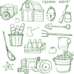 vector illustration of household items farm,products,tools,tractor,barn,wagon with hay,for decor or design