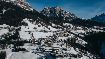 Dolomites - Beautiful panoramic sunset landscape Stunning airial view on the top Dolomiti Alps Mountains from drone on summer day, Italy, south Tyrol Europe