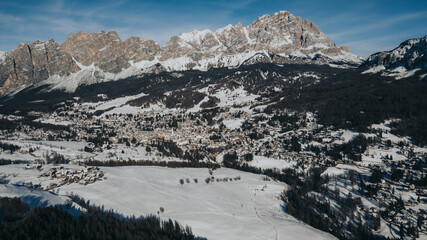 Dolomites - Beautiful panoramic sunset landscape Stunning airial view on the top Dolomiti Alps Mountains from drone on summer day, Italy, south Tyrol Europe