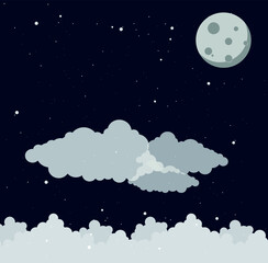 moon starry black sky with clouds. night sky with moon and stars. vector illustration, eps 10.