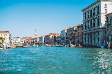 Fototapeta na wymiar Italian landscape of ancient buildings for visiting during summer vacations and exploring European scenery, historical architecture located near Grand Canal waters in Venice - romantic city