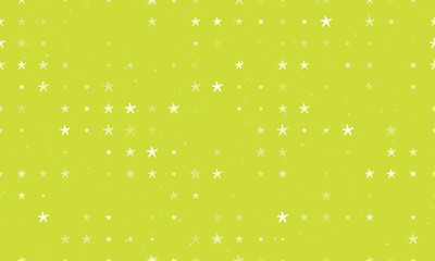 Seamless background pattern of evenly spaced white starfish symbols of different sizes and opacity. Vector illustration on lime background with stars