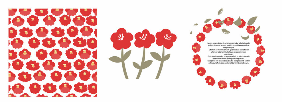 Set of elements for design. Seamless vector pattern of red Japanese camellia and petals on a white background. Hand-drawn flowers. Template for typography, wallpaper, print. Floral illustration.