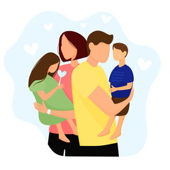 father and mother with a son and daughter in their arms. Greeting card on the day of family and children. Concept of people's love. Vector illustration in a flat style. 