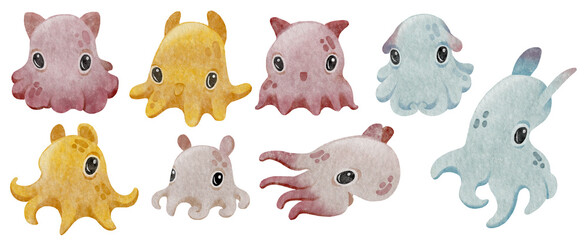 Cute kawaii watercolor Dumbo octopus collection. Children print sea animals. Deep sea creature set. High quality illustration isolated on white. © LukaJreym