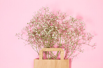 Gypsophila dentro de una bolsa de papel de marrón sobre un fondo rosa pastel liso y aislado. Vista superior y de cerca. Copy space
