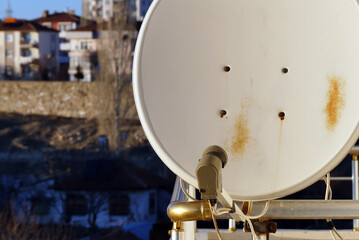 satellite dish on the balcony of a house, close-up of the antenna dish on the balcony,