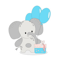 Cute cartoon baby elephant with gift and ballons