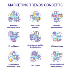 Marketing trends concept icons set. Current channels to promotion business. Customer engaging idea thin line color illustrations. Isolated symbols. Roboto-Medium, Myriad Pro-Bold fonts used