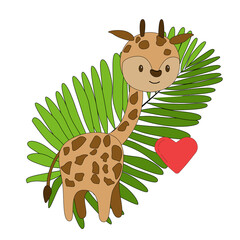 Cute cartoon baby giraffe with leave and heart