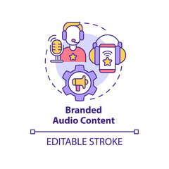 Branded audio content concept icon. Advertising campaign. Current marketing trend abstract idea thin line illustration. Isolated outline drawing. Editable stroke. Arial, Myriad Pro-Bold fonts used