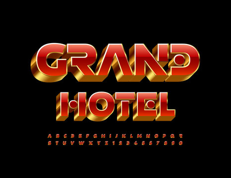 Vector luxury Sign Grand Hotel. Modern Bright Font. Red and Golden Alphabet Letters and Numbers set