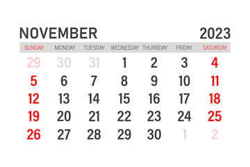 Calendar template for november 2023. Layout for november 2023 year. Printable monthly planner. Desk calendar design. Start of the week on Sunday. - obrazy, fototapety, plakaty