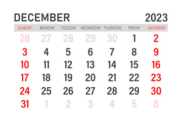 December 2023 calendar template. December 2023 layout. Printable monthly planner. Desk calendar design. Start of the week on Sunday.