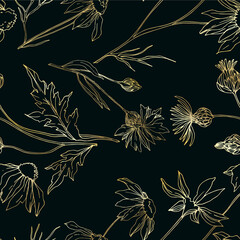Vector wildflowers floral botanical flowers. Black and white engraved ink art. Seamless background pattern. - obrazy, fototapety, plakaty