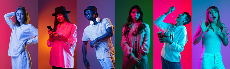 Collage of portraits of young emotional people dancing isolated on multicolored background in neon....