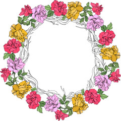 Vector Rose floral botanical flower. Yellow, red and violet engraved ink art. Frame border ornament square.