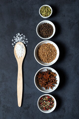 Spices assorted multicolor peppercorns, cardamom, star anise, cumin, coriander, caraway in bowls and salt in wooden spoon on black background.