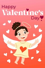 Happy Valentine's Day greeting card. Holiday congratulations. Baby girl cupid angel with wings. Pink and red gradient background. Cartoon style. Cute and funny. Love and romance. Little white hearts