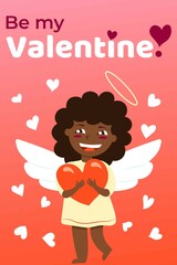 Happy Valentine's Day greeting card. Holiday congratulations. Baby girl cupid angel with wings. Pink and red gradient background. Cartoon style. Cute and funny. Love and romance. Little white hearts