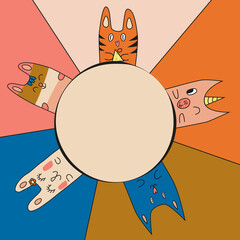 Funny cartoon animals on a colorful background and a place for text. Multicolor vector illustration.