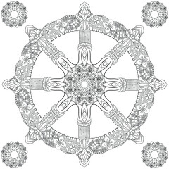 Buddhism dharma samsara wheel outline decorative ornate black on white background