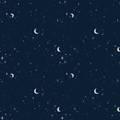 Seamless pattern with cute stars on dark, black background. Cosmic baby seamless pattern. High quality illustration