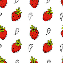 Fresh red doodle strawberries seamless pattern on white.