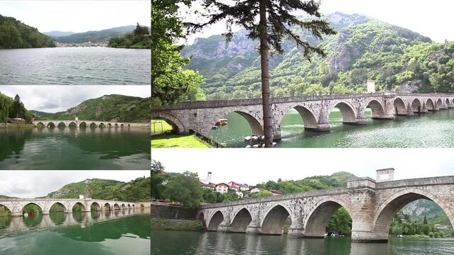 Historic bridge over the Drina River, Famous Tourist Attraction, The Mehmed Pasa Sokolovic Bridge in Visegrad, Bosnia and Herzegovina	