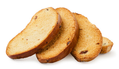 Dried bread with raisins on a white background. Isolated