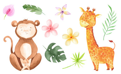 Obraz na płótnie Canvas Watercolor baby cartoon monkey and giraffe. Tropical cute floral illustration. Jungle animals. Safari baby animals, cute childish baby shower illustration. Tropical flowers and leaves.