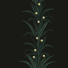 Dark seamless pattern. Night herbs wallpaper. Dark green leaves background. Hand drawing realistic illustration. Great for design and fabric, wallpaper, paper